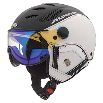 Schwarzer ALPINA Jump JV Skihelm mit Visier, Leder-Optik und weißem Seitenbereich.
