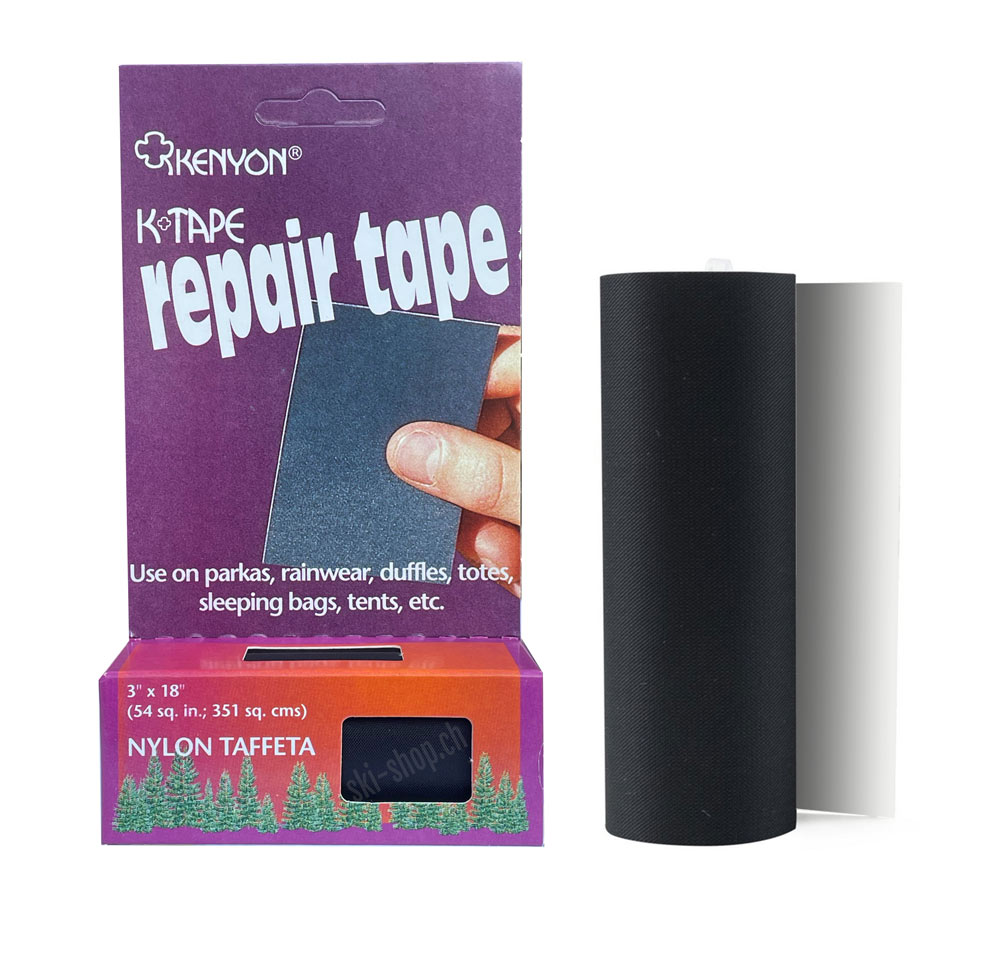 Emballage du ruban de réparation K-Tape Nylon avec deux rouleaux, l'un en noir, l'autre en blanc.