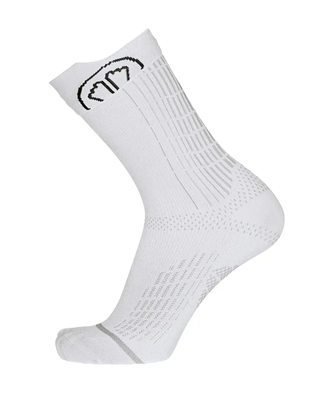 A white sock with a black logo and gray stripes.