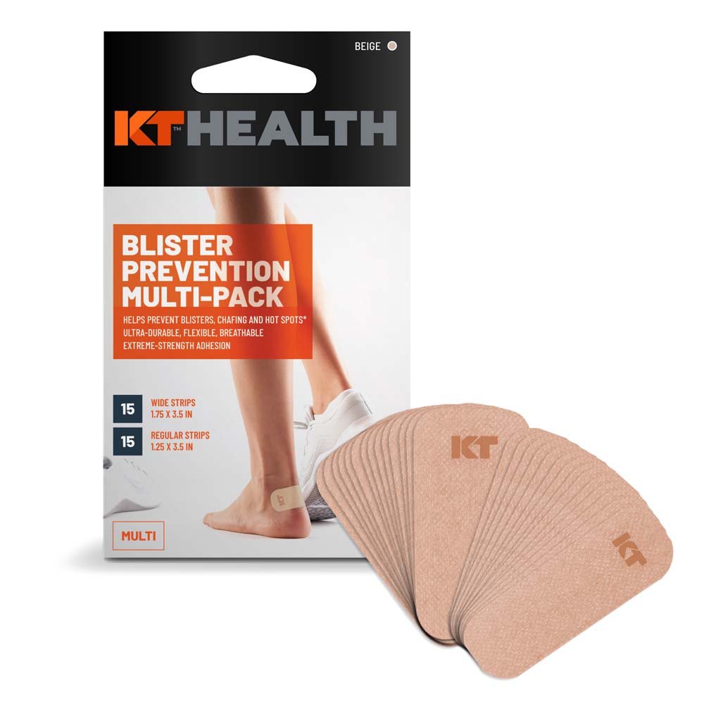 KT Blister Prevention Tape: Packung und beigefarbene, vorgeschnittene Tape-Streifen.