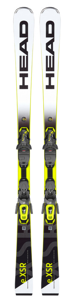 Frontale Ansicht von zwei Head WC Rebels e.XSR Ski mit montierter Bindung, weiß, gelb und schwarz.