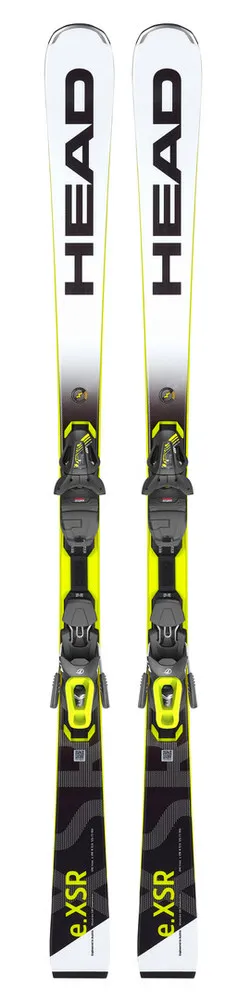 Frontale Ansicht von zwei Head WC Rebels e.XSR Ski mit montierter Bindung, weiß, gelb und schwarz.