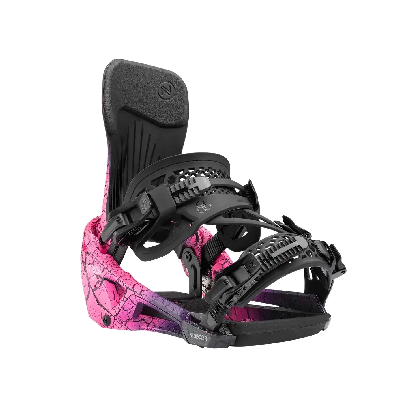 Snowboardbindung der Marke Nidecker, vorwiegend in Schwarz und Pink mit Rissmuster.