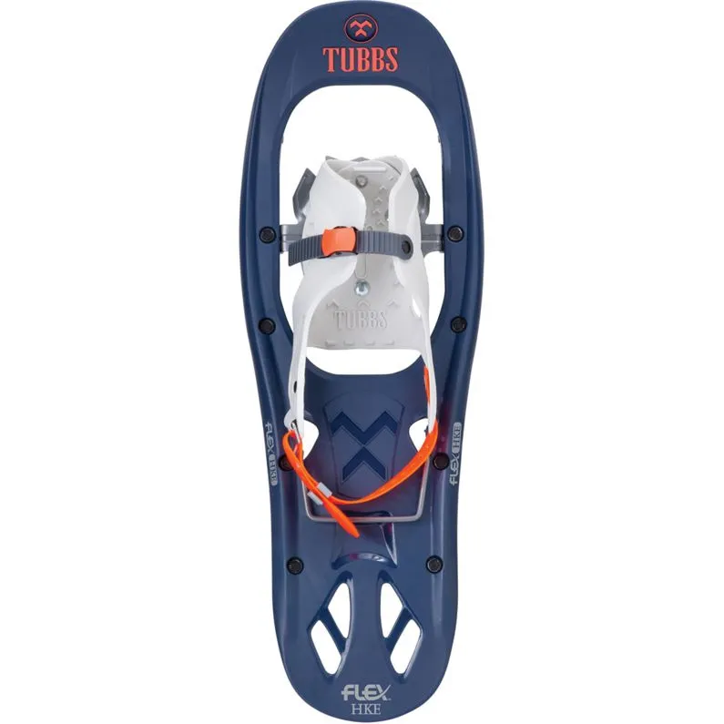 Raquette à neige Tubbs Flex HKE bleue pour enfants, avec une fixation blanche et des accents orange.