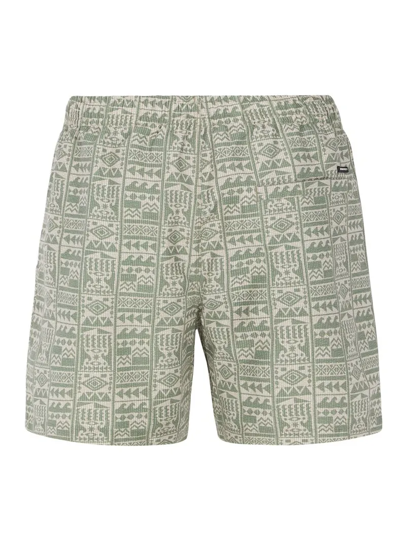 Artichoke Green swim shorts with geometric pattern, elastic waistband and back pocket.