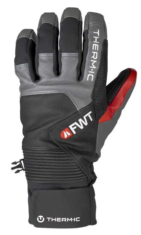 Close-up of a Freeride Extra Warm glove in black, gray and red with FWT logo.