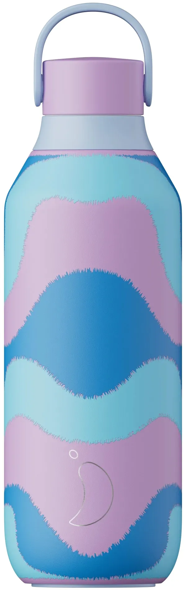 Bouteille House Of Sunny, 500ml, avec motif de vagues pastel en bleu et violet, avec poignée sur le couvercle.
