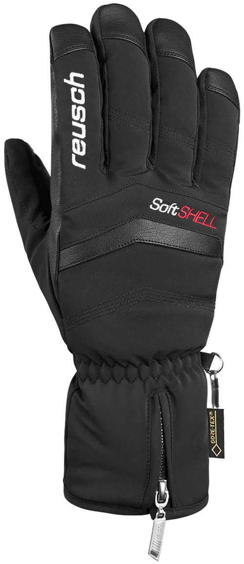 Black Reusch X-Liner GTX ski glove with softshell and Gore-Tex tag, close-up.