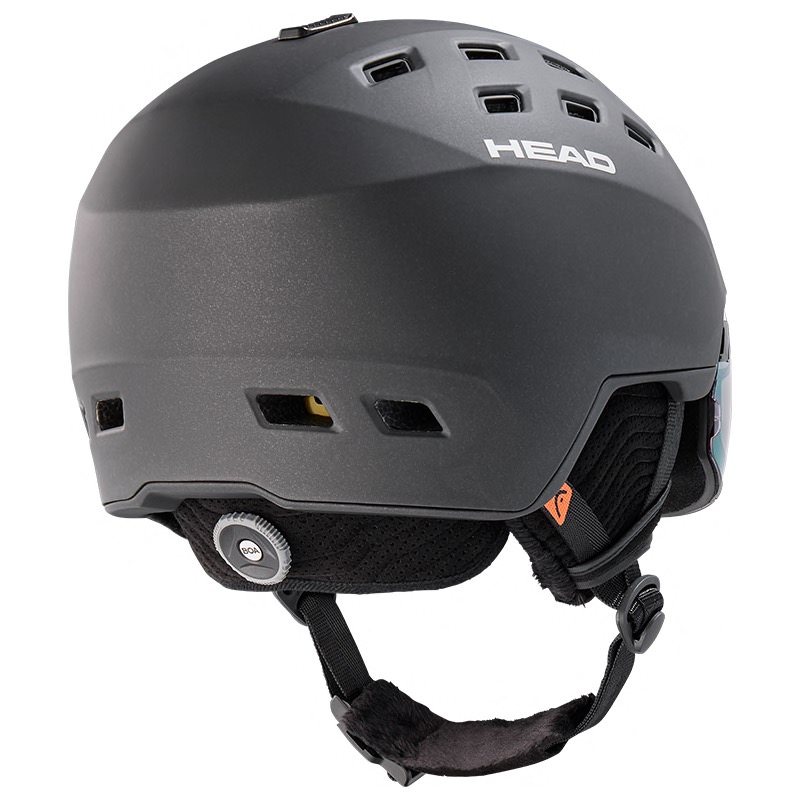 Schwarzer Skihelm "Head Radar 5K Photo Mips" von der Seite. Belüftungsöffnungen und Kinnriemen sind sichtbar.