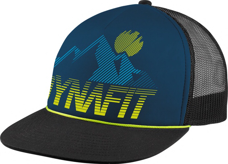 Blue Dynafit trucker cap with black peak and mesh panel. Graphic: stylized mountains and sun in yellow and blue.