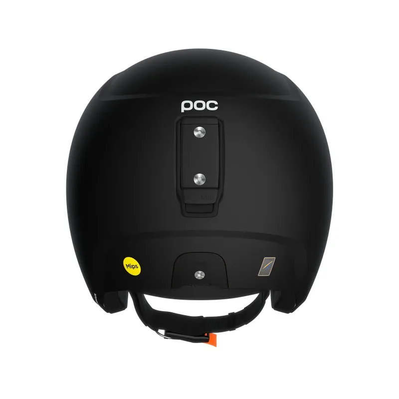 Rear view of a matt black ski helmet with chin strap and "POC" logo. A yellow MIPS sticker is attached to the lower edge of the helmet.