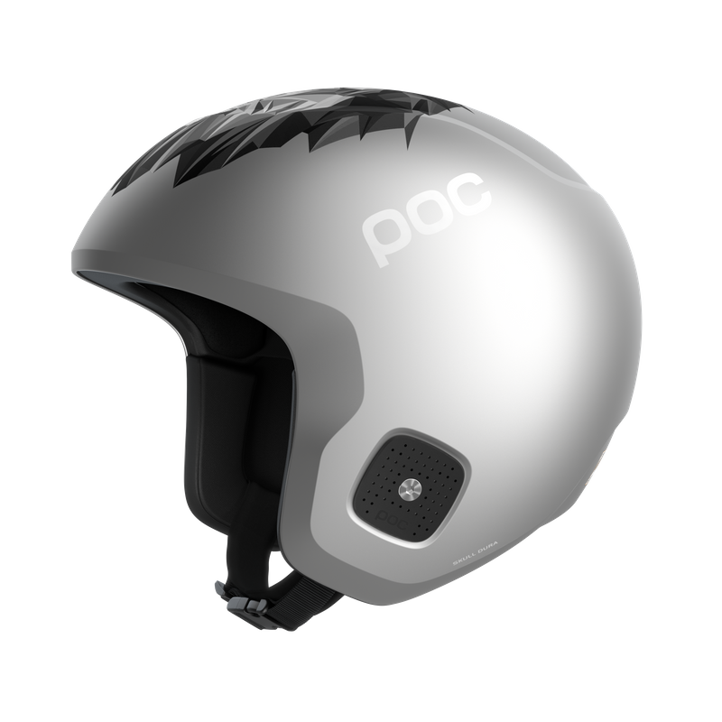 Silberfarbener POC Skull Dura Junior Skihelm mit schwarzem Löwenmuster oben und POC Logo.