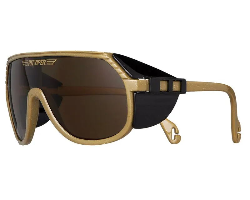 Gold-coloured Grand Prix Pit Viper sunglasses, side view, polarized brown lenses, black details.