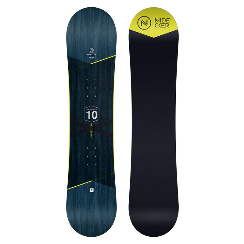 Nidecker Micron Rythm Snowboard, mit blau-holziger Oberfläche und gelben Akzenten, daneben die Unterseite in Schwarz und Gelb.