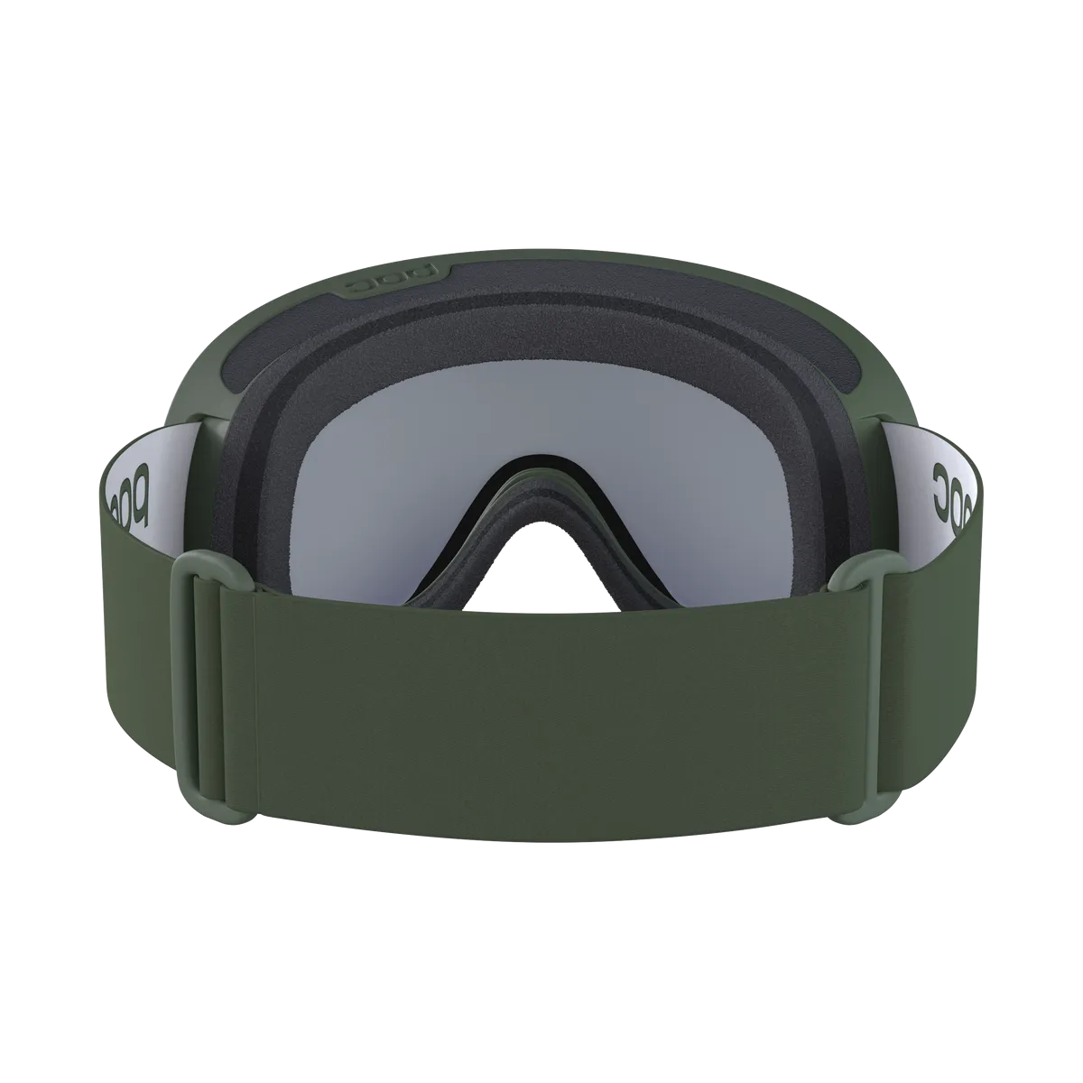 POC Retina WF ski goggles, Epidote Green, front view. Green frame, gray lens, wide strap.