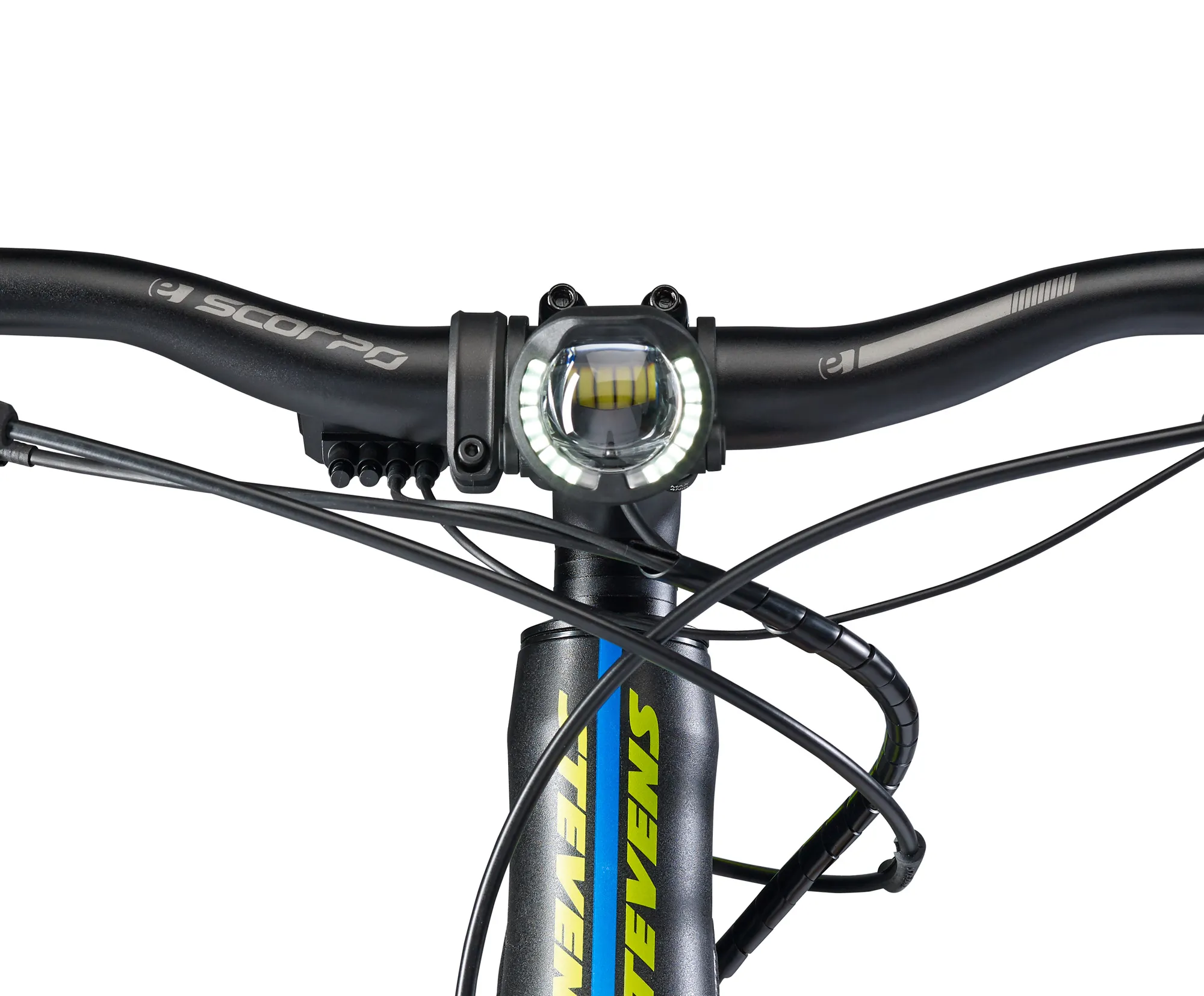 Nahaufnahme: E-Bike Lenker mit montierter, runder Shimano (StVZO) Beleuchtung.