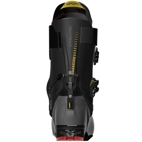 Chaussure de ski de randonnée noire La Sportiva Vanguard de derrière avec des détails jaunes. Le mode ski/marche est visible.