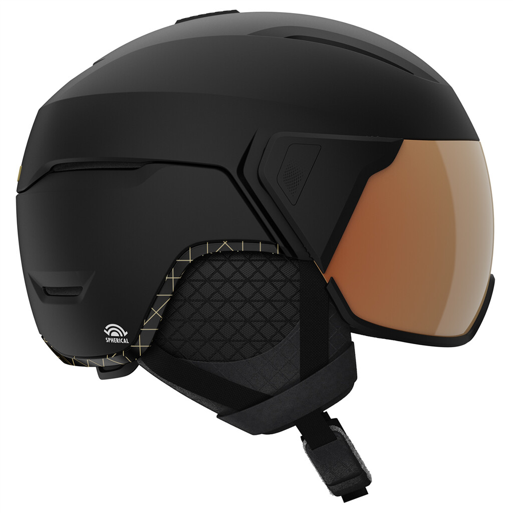 Mattschwarzer Skihelm Giro Aria Mips Spherical mit Visier in Braun. Detailansicht von der Seite.