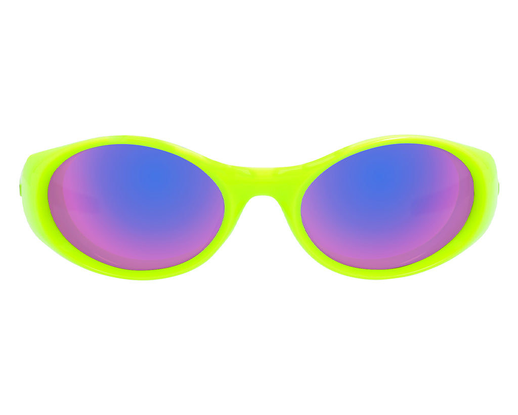 Gelbe Sonnenbrille "The Sludge Slammer" mit bläulich-lila getönten Gläsern, frontal und zentriert.