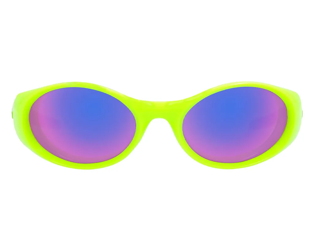 Yellow sunglasses "The Sludge Slammer" with bluish-purple tinted lenses, front and center.