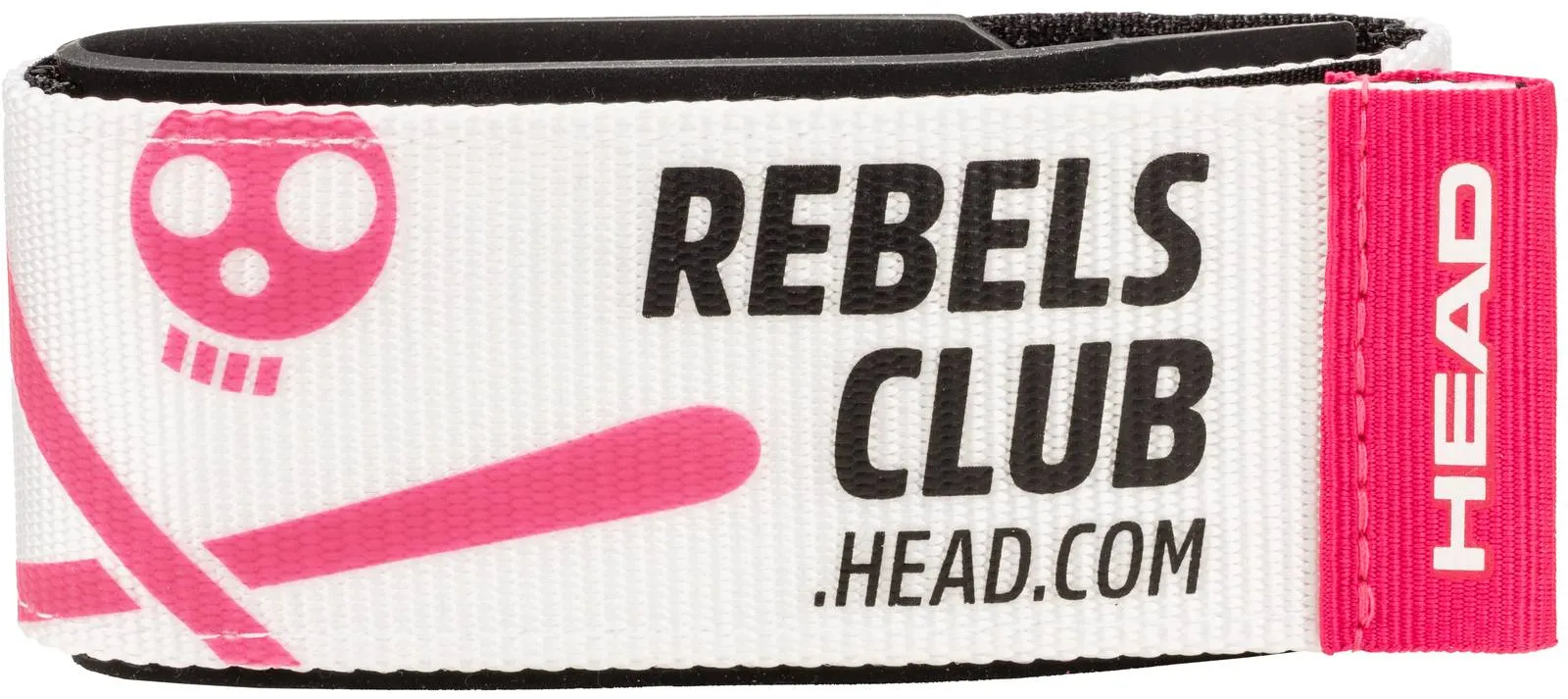 A white bracelet with "REBELS CLUB" in black, a pink skull with crossed bones and a pink "HEAD" logo.