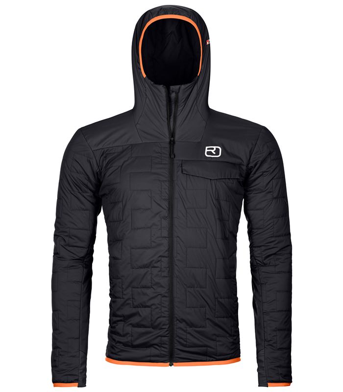 Giacca Swisswool Piz Badus nera da uomo con cappuccio e accenti arancioni su cappuccio e orlo. Design trapuntato sul davanti.