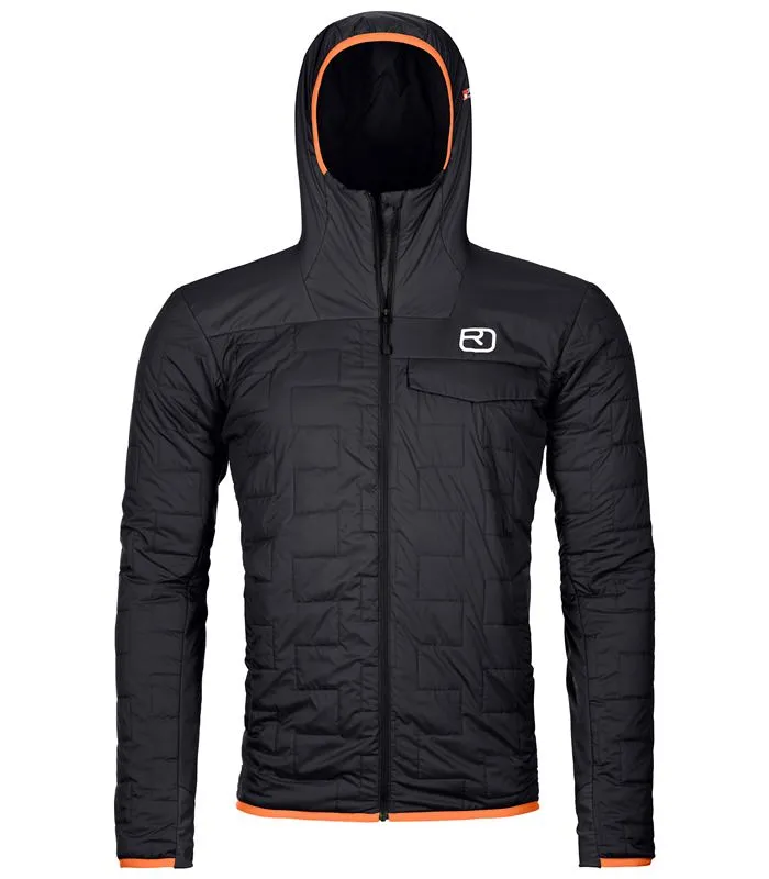 Schwarze Swisswool Piz Badus Jacke für Herren mit Kapuze und orangen Akzenten an Kapuze und Saum. Gestepptes Design auf der Vorderseite.