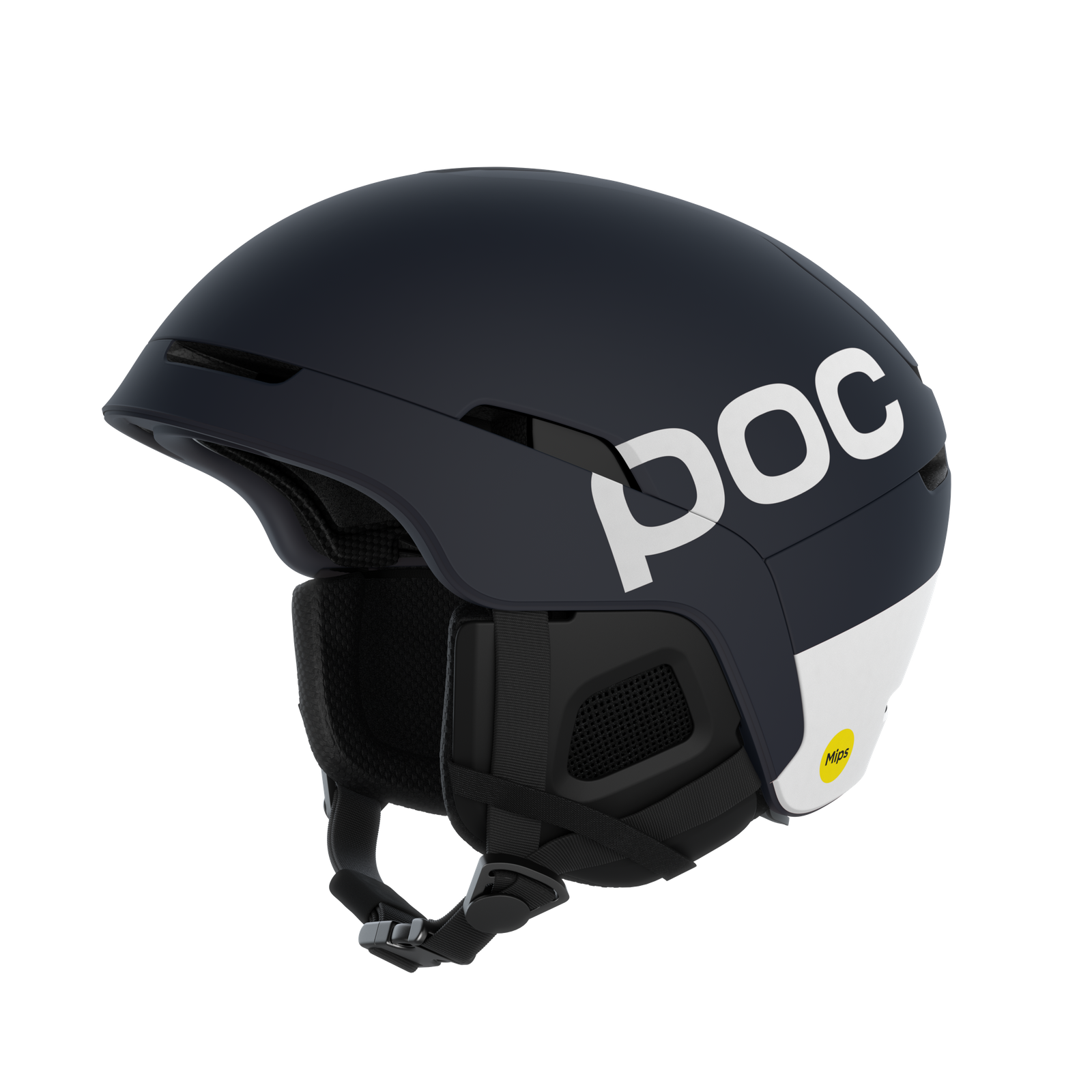 Marine matter POC Obex BC MIPS Skihelm mit weißem POC Logo und gelbem Mips Aufkleber, seitliche Ansicht.