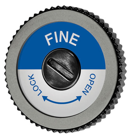 Runde Toko Diamond Disc Finish Schleifscheibe mit Schraube, Beschriftung "Fine", "Lock", "Open" und Pfeilen.