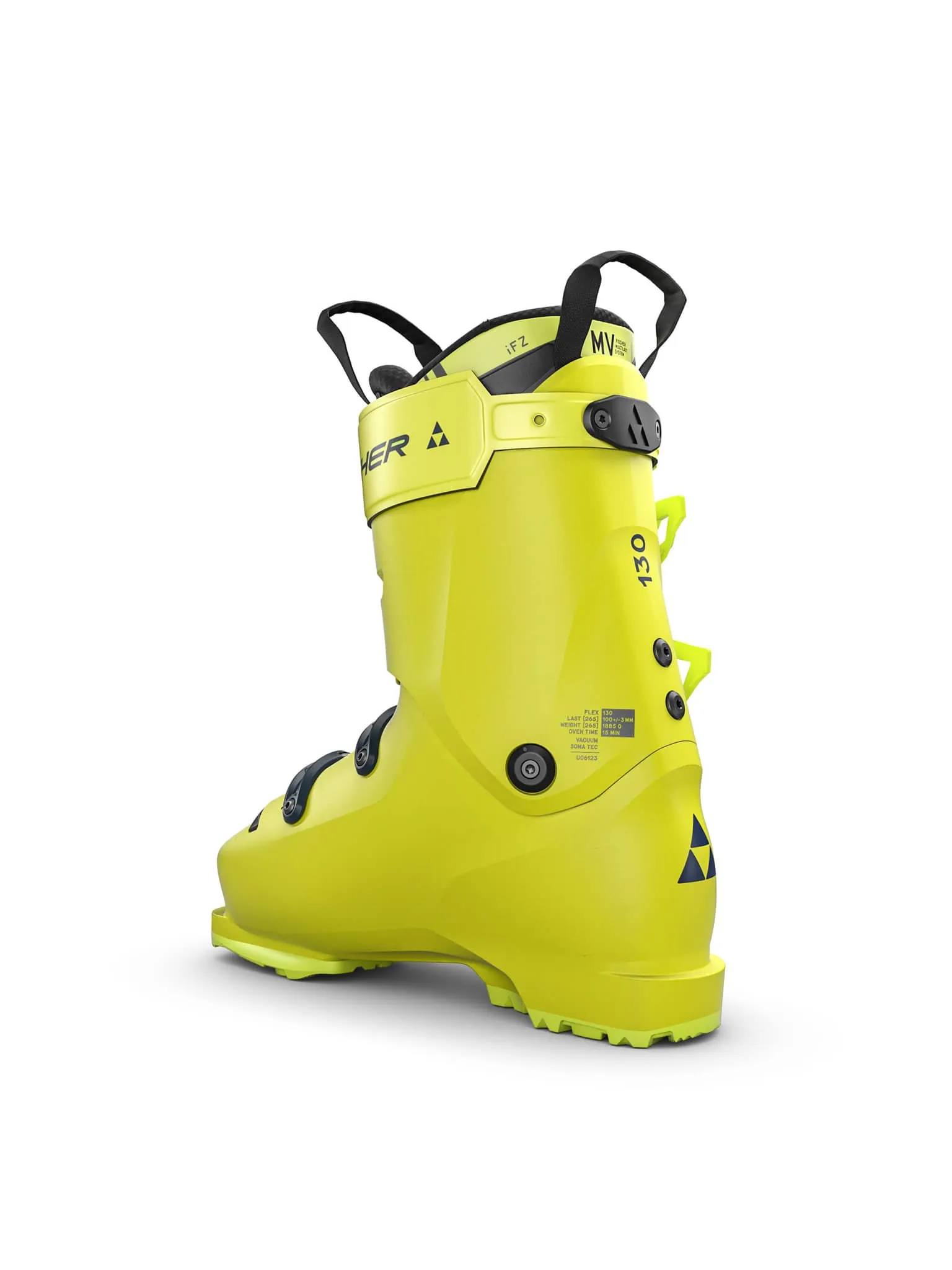 Chaussure de ski jaune Fischer RC4 130 MV, vue latérale avec système BOA Hi1 et poignée noire.