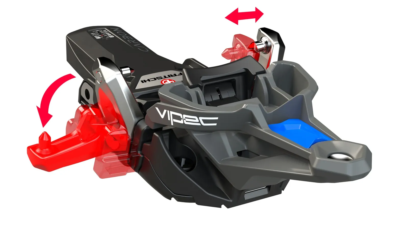 Detailaufnahme der Fritschi Vipec Evo 12 Skitourenbindung, die Sicherheitsfunktionen mit roten Pfeilen hervorhebt.