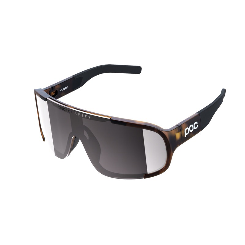 POC Aspire cycling glasses in tortoiseshell brown with VSI violet-silver mirrored lenses.