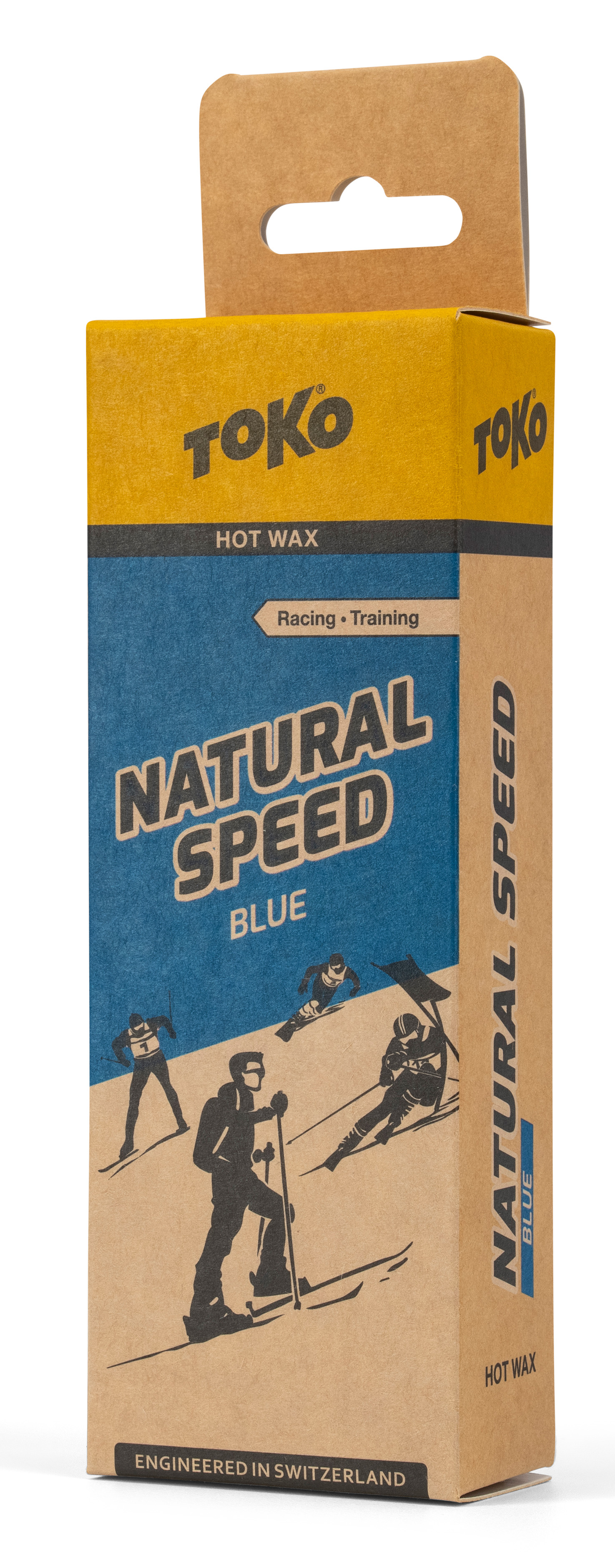 Verpackung Toko Natural Speed Hot Wax blau, mit Skiläufer-Illustration, Text "Natural Speed" und "Blue".