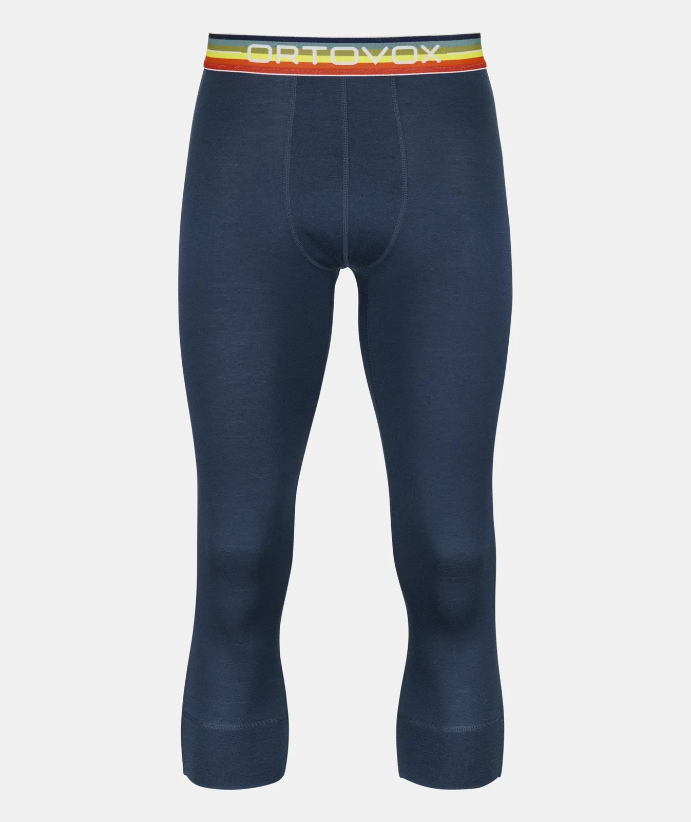 Blaue 3/4 lange ROCK'N'WOOL Hose mit einem bunten Bund mit dem Schriftzug ORTOVOX.