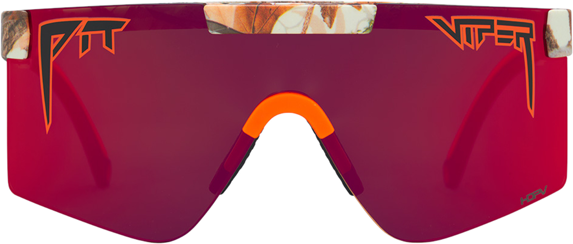 Detailaufnahme: Polarisierte, rote Pit Viper Sonnenbrille mit Camouflage-Muster am oberen Rand und Bügel.
