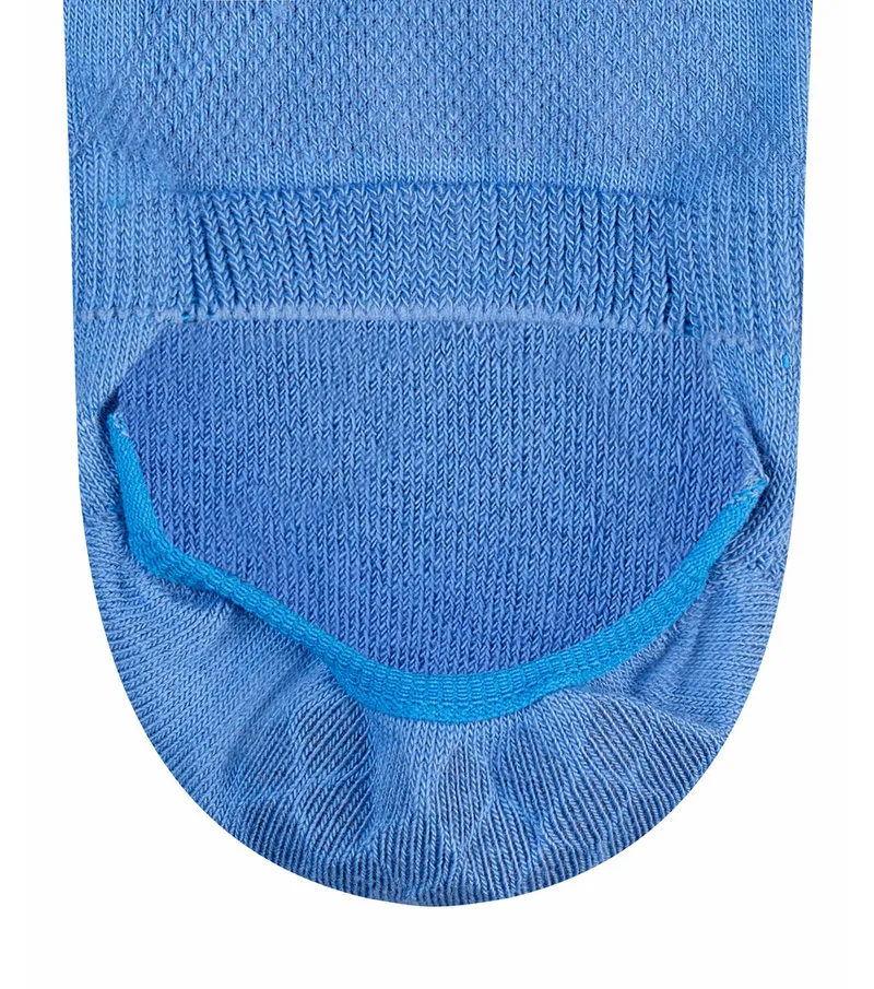 Close-up of a light blue ladies' sock in a rib pattern with reinforced toe.