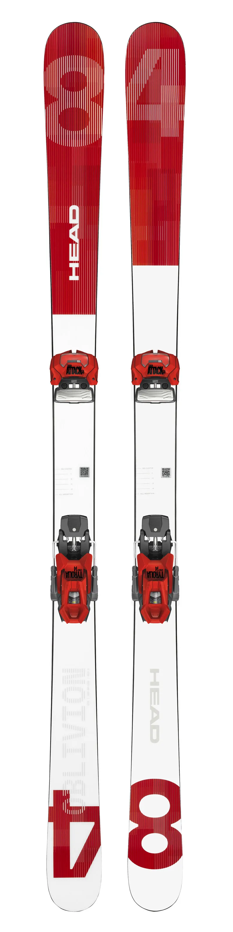 Due sci Head Ski Oblivion bianchi con scritte e attacchi rossi si trovano uno accanto all'altro su uno sfondo bianco.