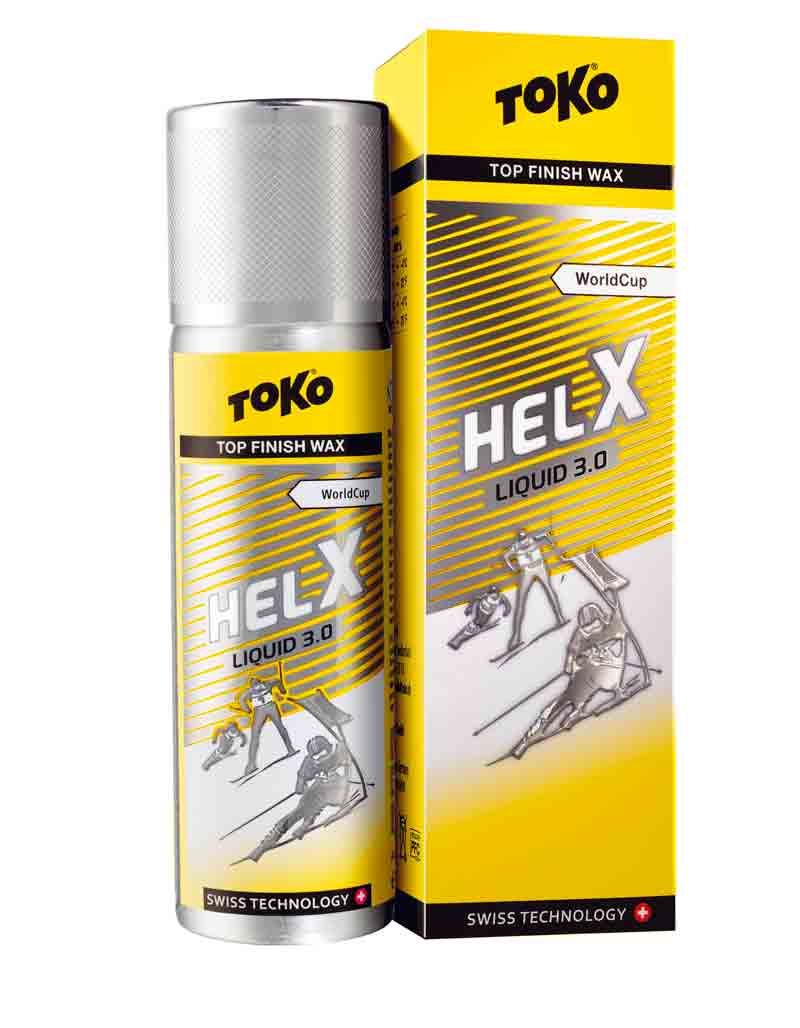 Gelbe Toko HelX liquid 3.0 Dose und Verpackung mit Skifahrer-Illustrationen.