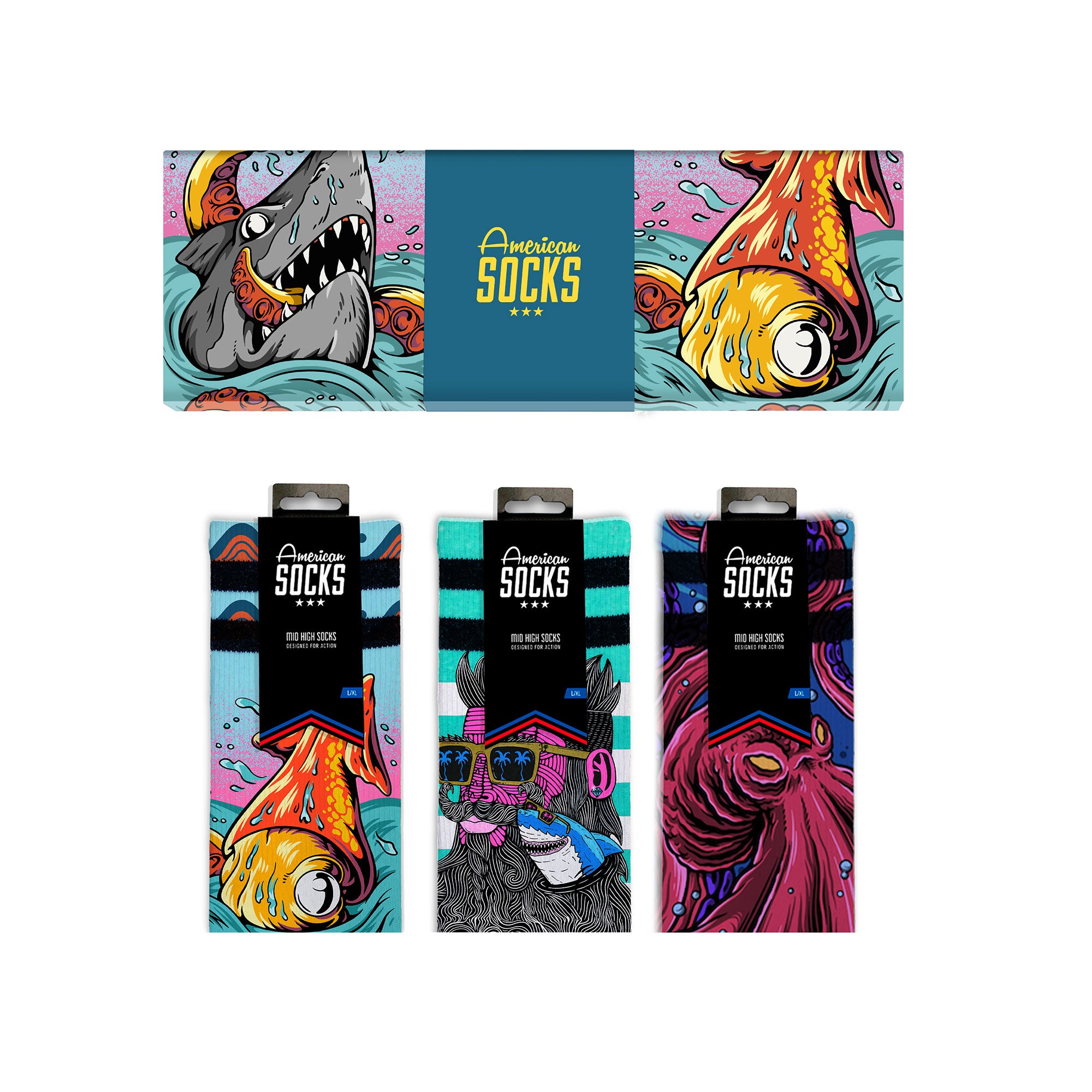 Seacreatures Giftbox: Drei Paar Socken mit Hai, Fisch und Oktopus-Motiven in Geschenkverpackung.