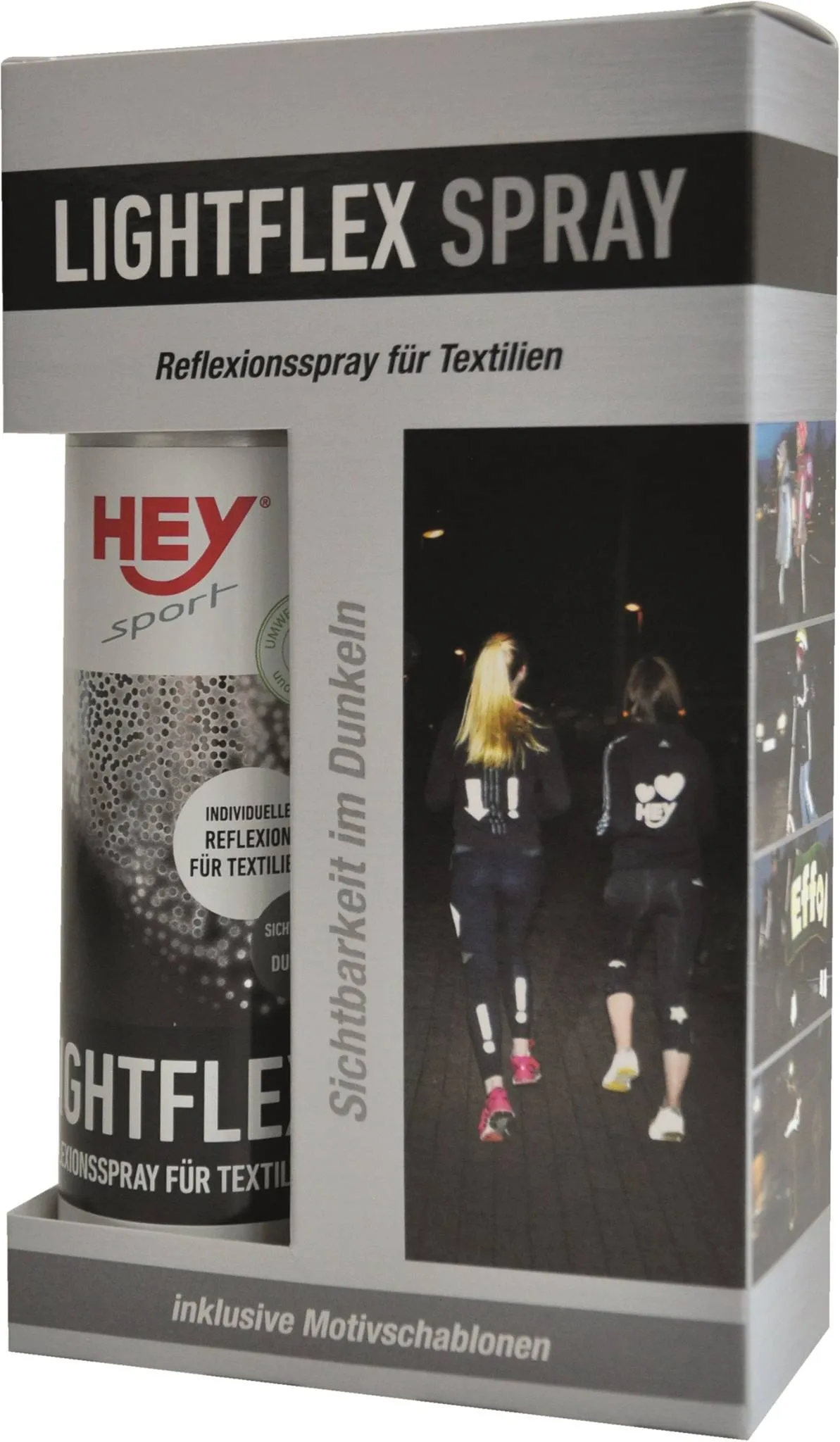 Verpackung für ein Textilspray mit Reflektor-Effekt, auf der Läufer mit reflektierenden Symbolen auf ihrer Kleidung abgebildet sind.