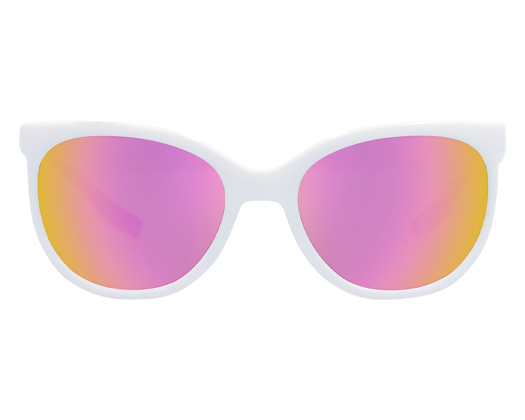 Sonnenbrille Miami Nights Nahaufnahme der Sonnenbrille Miami Nights Fondue mit weißen Rahmen und rosa-orangefarbenen, polarisierten Gläsern.