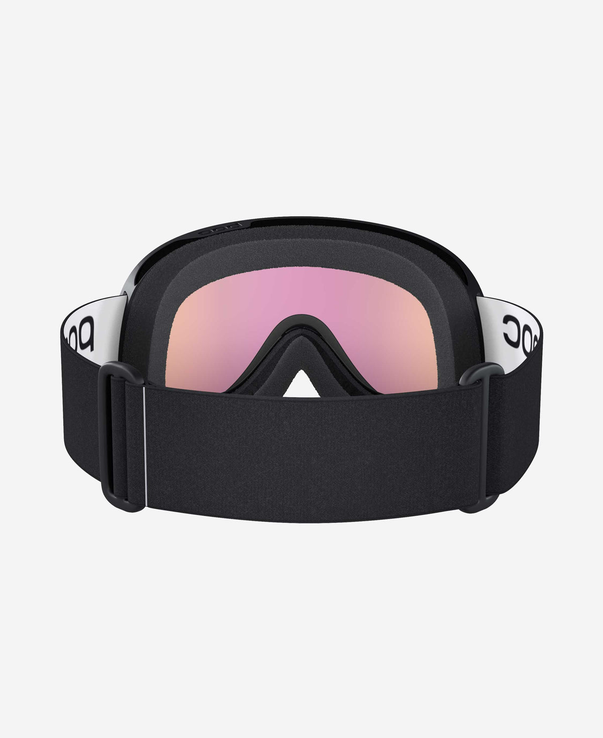 Occhiali da sci POC Retina neri con lente Clarity specchiata rosa e cinturino bianco sul davanti.