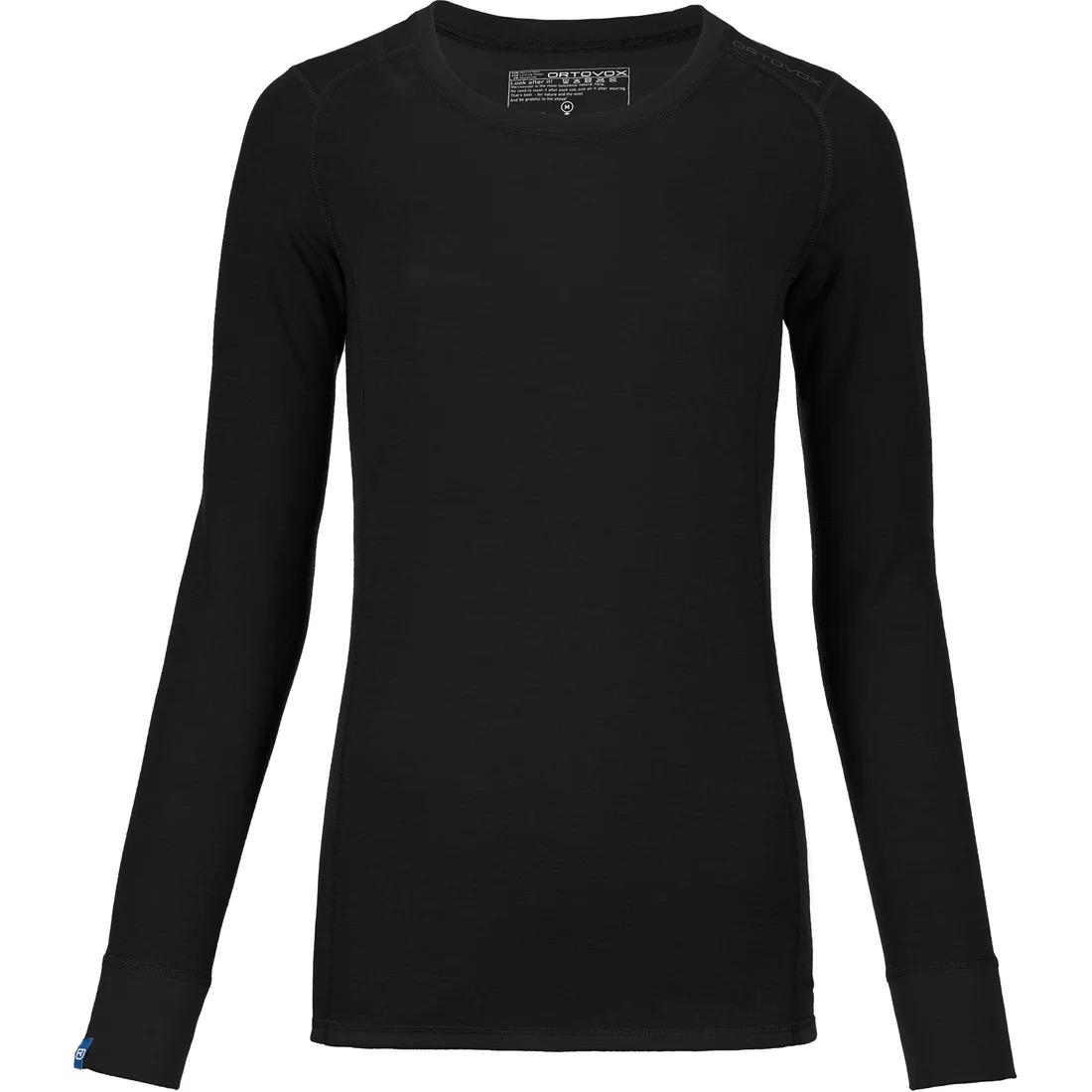 Schwarzes, langärmliges Merino-Funktionsshirt für Damen, Frontansicht.