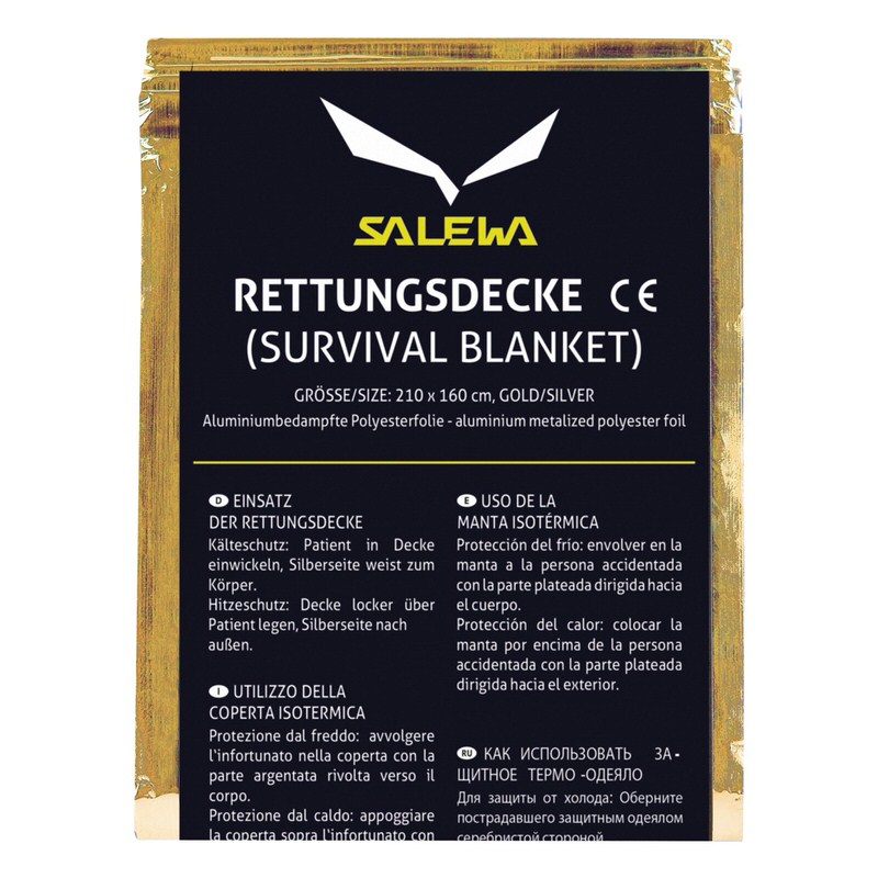 Verpackung einer Salewa Rettungsdecke mit Anweisungen in mehreren Sprachen.