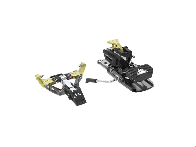 Dynafit Fixation de randonnée Superlite 175 en noir et jaune, parties avant et arrière séparées.