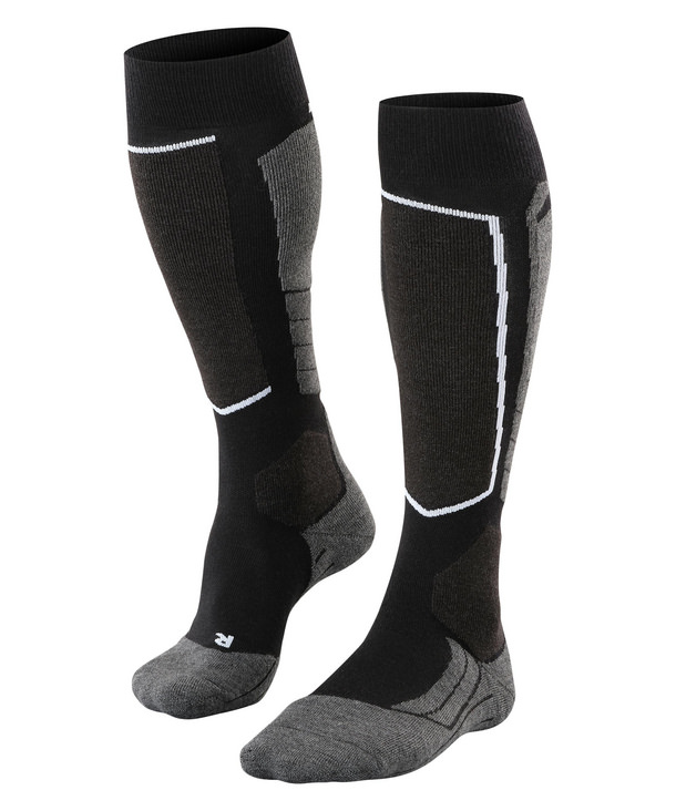 Zwei schwarze Falke SK2 Wool Skiing Kniestrümpfe mit grauen Akzenten und weißer Linie, im Stehen.