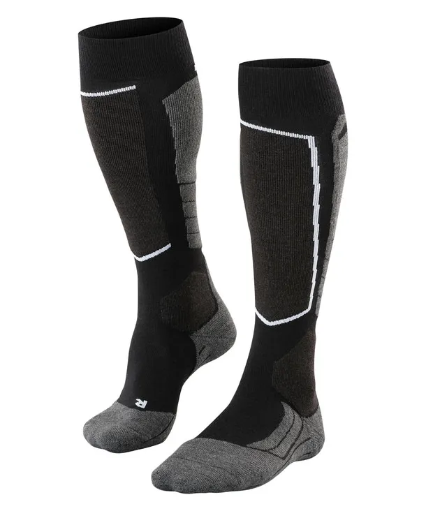 Zwei schwarze Falke SK2 Wool Skiing Kniestrümpfe mit grauen Akzenten und weißer Linie, im Stehen.