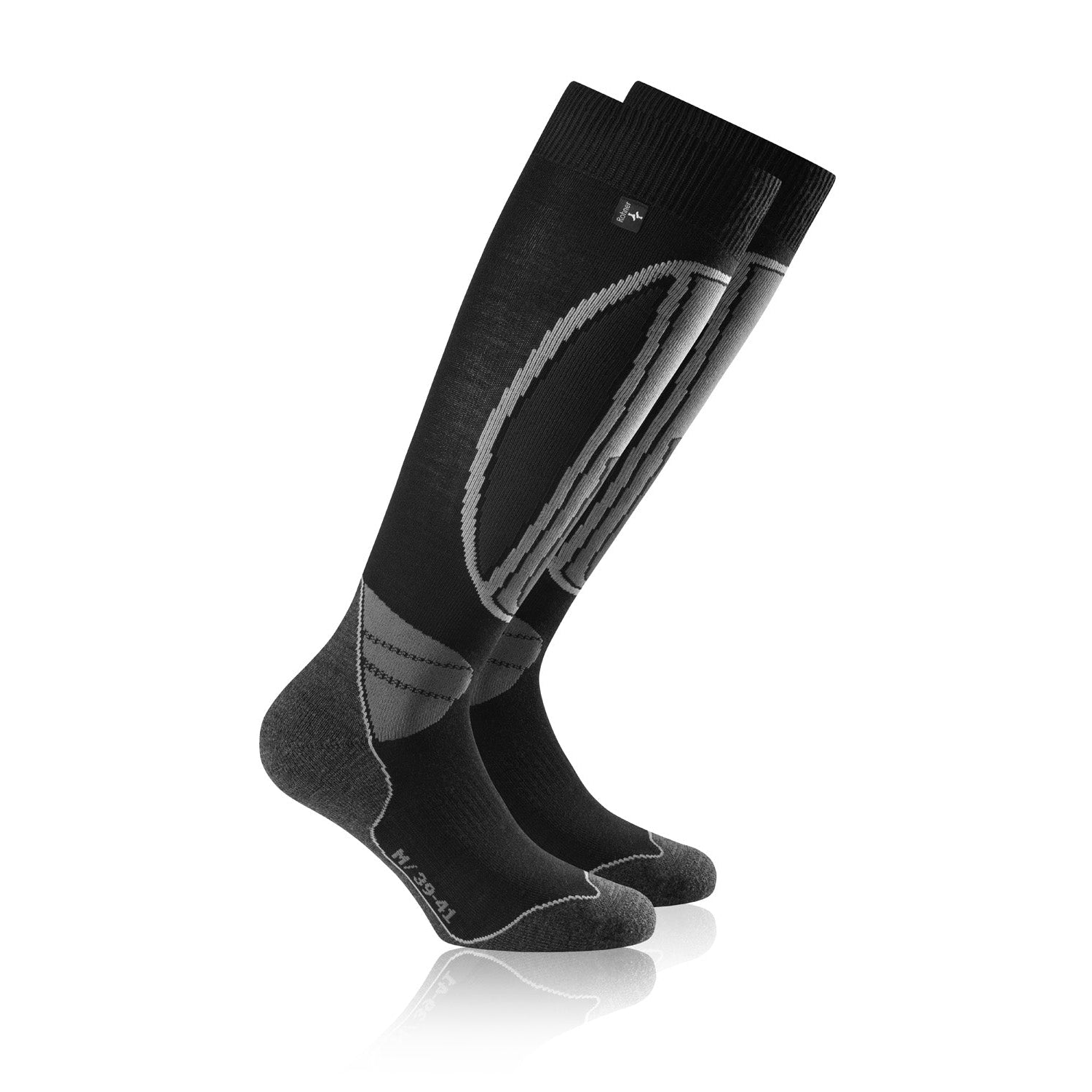Schwarze Performance-Socken M Schwarze, kniehohe Performance-Socken mit grauen Akzenten im Paar, Größe M (39-41).