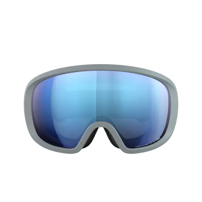 Grey ski goggles with bluish mirrored lenses against a white background.