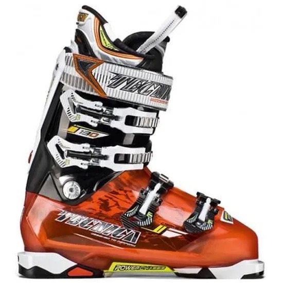 Une chaussure de ski orange, noire et blanche Tecnica Demon 130 de profil.